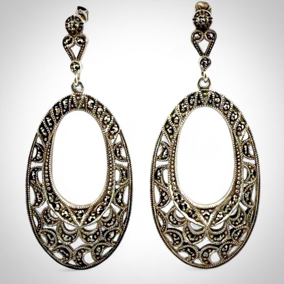 Vintage Sterling Silver Marcasite Filigree Dangle Earrings – 2.25”, 9.6g - Picture 14 of 15